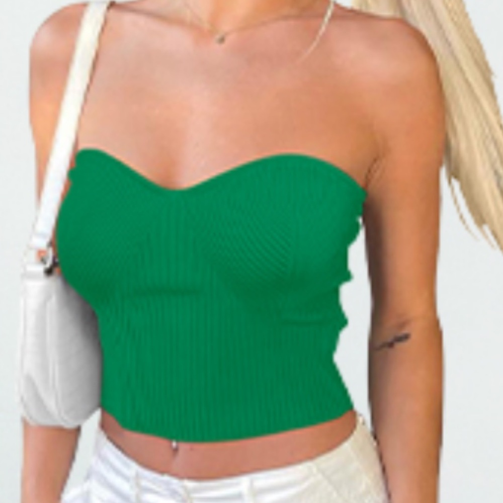 Reoria Green Sweetheart Neckline Strapless Ribbed Top